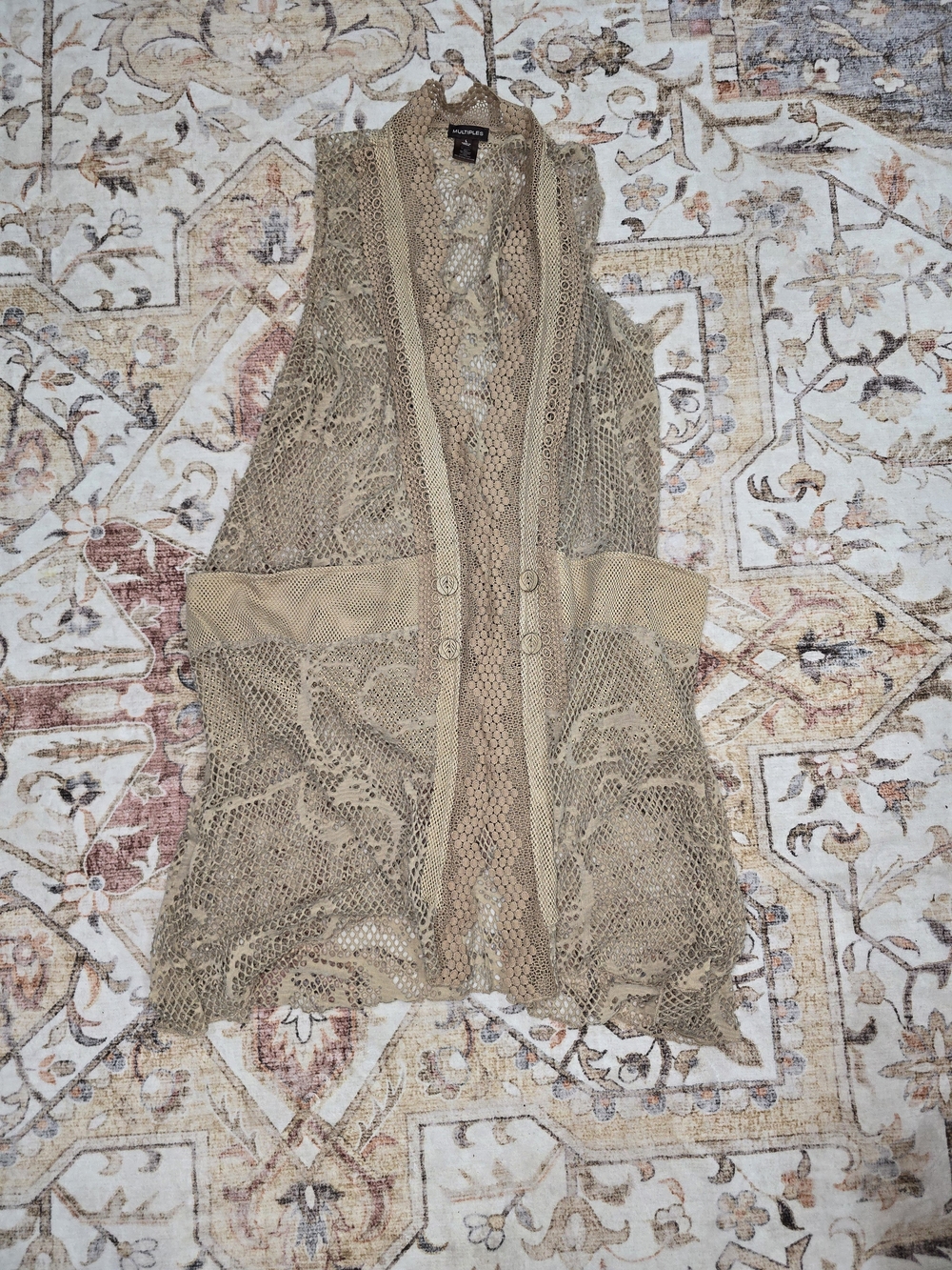 Multiples Beige Crochet Open Cardigan